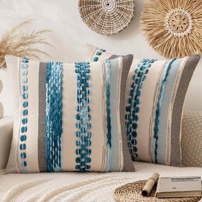 ANRODUO Pack of 2 Boho Decorative Throw Pillow Covers 18x18 Farmhouse Cushion Case Striped Chenille Pillow Cases Square Pillow Covers Accent Neutral Pillowcase for Sofa Couch Bed, Olive Green Stripe