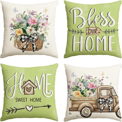 colorlife Bless Our Home Farmhouse Eucalyptus Leaves Throw Pillow Covers, 18 x 18 Inch Truck Home Sweet Home Cushion Case Decorations Set of 4