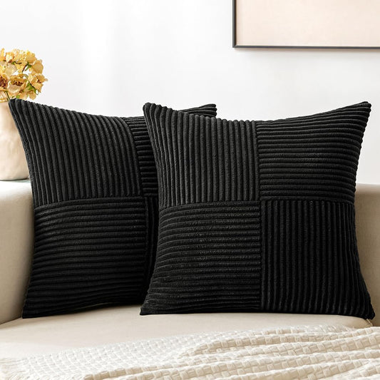 Black Decorative Throw Pillow Covers 18x18 Inch for Couch Bed Sofa Pack of 2 Boho Farmhouse Throw Pillows Soft Cross Corduroy Patchwork Textured Cushion Cases