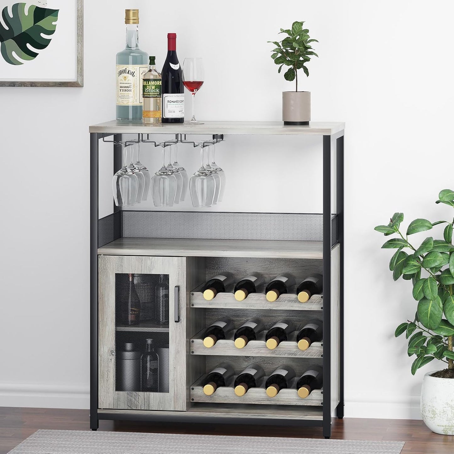 GAOMON Coffee Wine Bar Cabinet with Storage and Detachable Rack, Farmhouse Sideboard and Buffet Cabinet with Glass Holder and Mesh Door, Liquor Coffee Bar Cupboard, Black