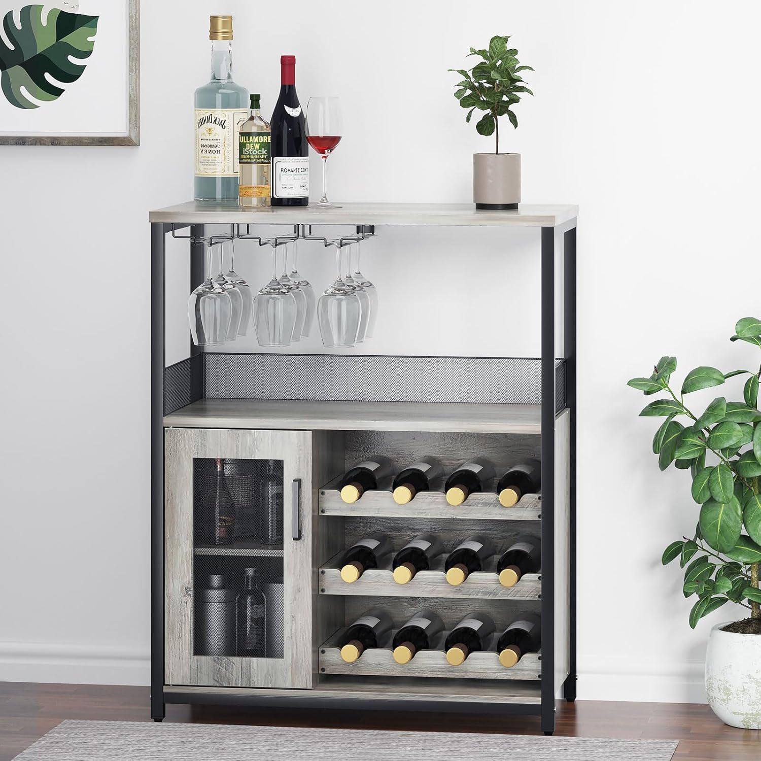GAOMON Coffee Wine Bar Cabinet with Storage and Detachable Rack, Farmhouse Sideboard and Buffet Cabinet with Glass Holder and Mesh Door, Liquor Coffee Bar Cupboard, Black