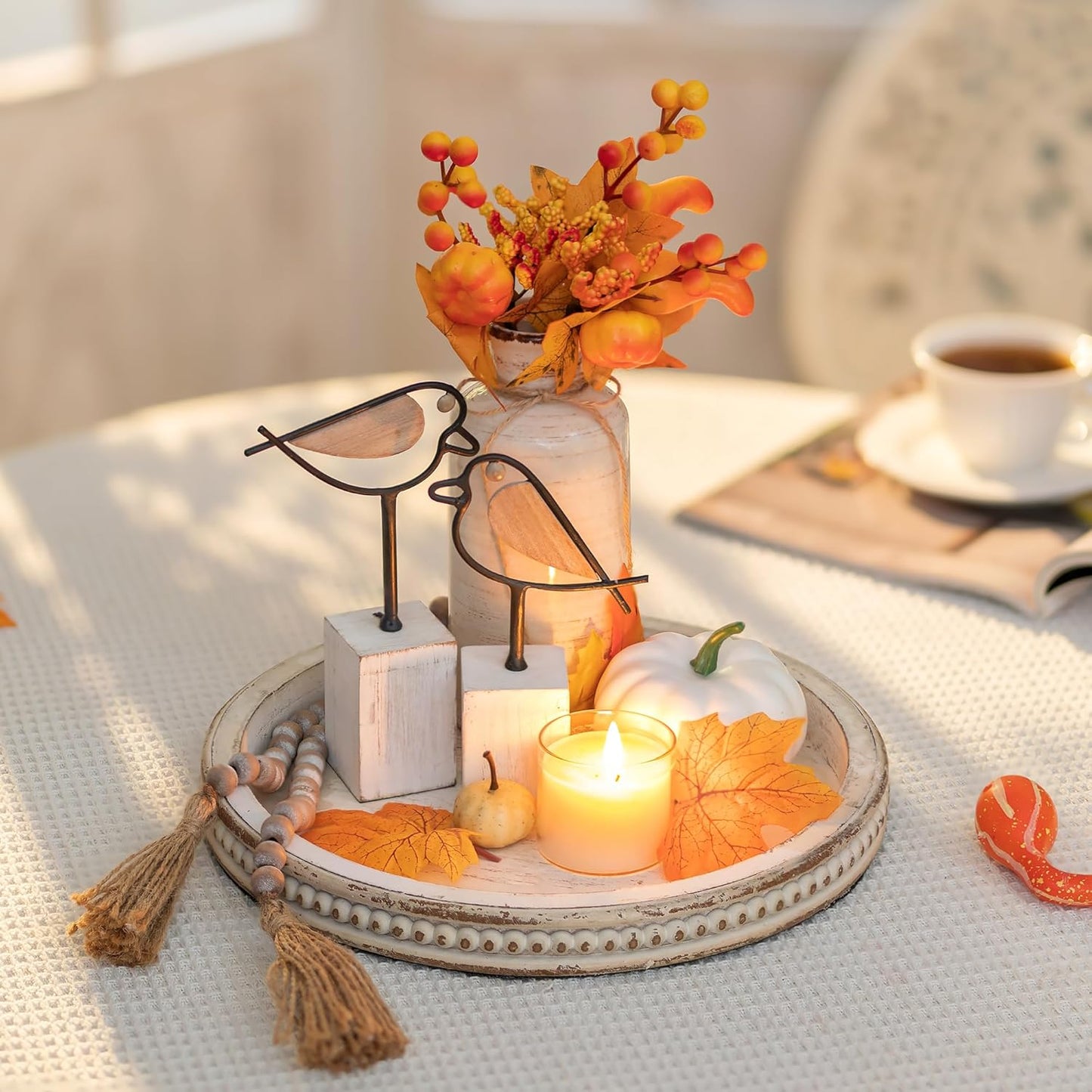 Round Wooden Decorative Tray: White Washed Bead Tray Decor for Coffee Table Centerpiece Rustic Farmhouse Tray for Kitchen Counter Living Room Decoration