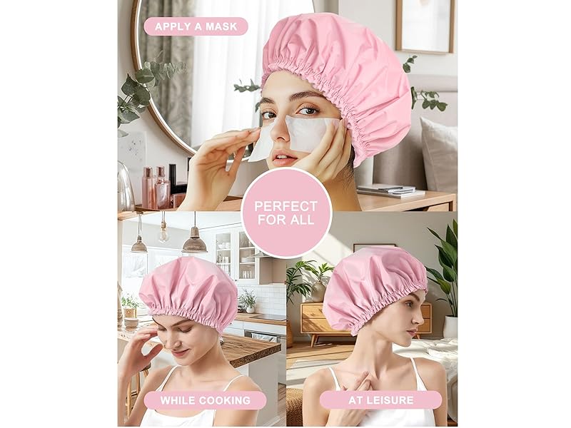 Shower Cap for Women, Double Layer Waterproof Bath Cap, Reusable Hair Protector, Large Waterproof Shower Bonnet Washable Elastic Band Bath Hair Hat for Long Hair, Braids， - Pink