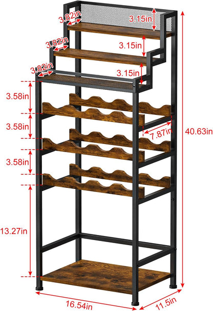 Tiered Wine Rack and Liquor Cabinet, Large Capacity Freestanding Floor Wine Storage Shelf for Red Wine, Champagne & Whiskey, Stepped Bottle Display Stand for Home Bar, Living Room, Corner, Dining Room