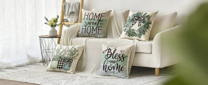 colorlife Bless Our Home Farmhouse Eucalyptus Leaves Throw Pillow Covers, 18 x 18 Inch Truck Home Sweet Home Cushion Case Decorations Set of 4