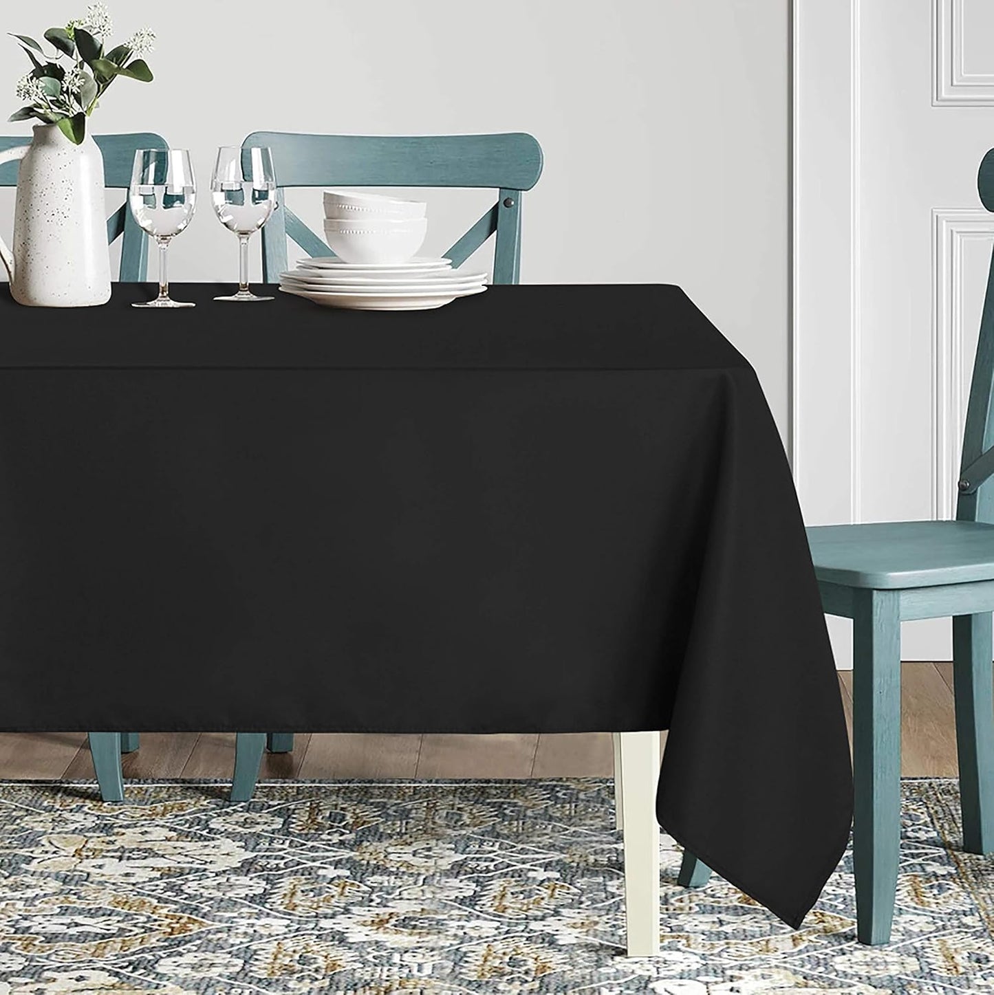 Rectangle Tablecloth - 60 x 84 Inch - Stain and Wrinkle Resistant Washable Polyester Table Cloth, Decorative Fabric Table Cover for Dining Tables, Buffet Parties and Camping, Black