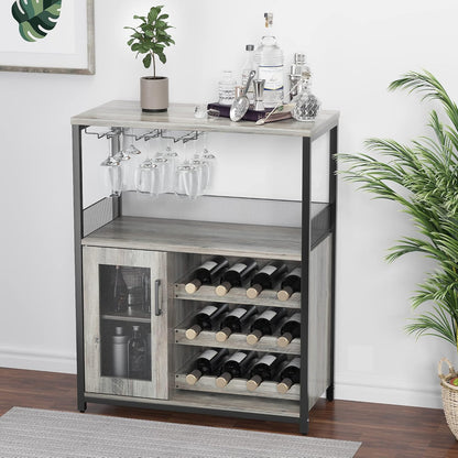 Wine Bar Rack Cabinet with LED Light, Adjustable Shelves Coffee Bar Cabinet with Mesh Door and Baffle Design, 36″ Tall Small Liquor Bar Cabinet for Home, Kitchen, Dinning Room, Rustic Brown