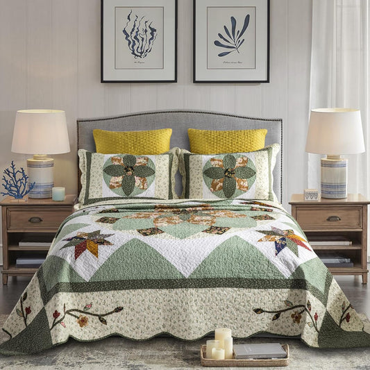 Quilts Queen Size Patchwork Bedspread Set - 100% Cotton Reversible Breathable Green Earth Geometric Quilted Quilt with Pillow Shams for All Seasons