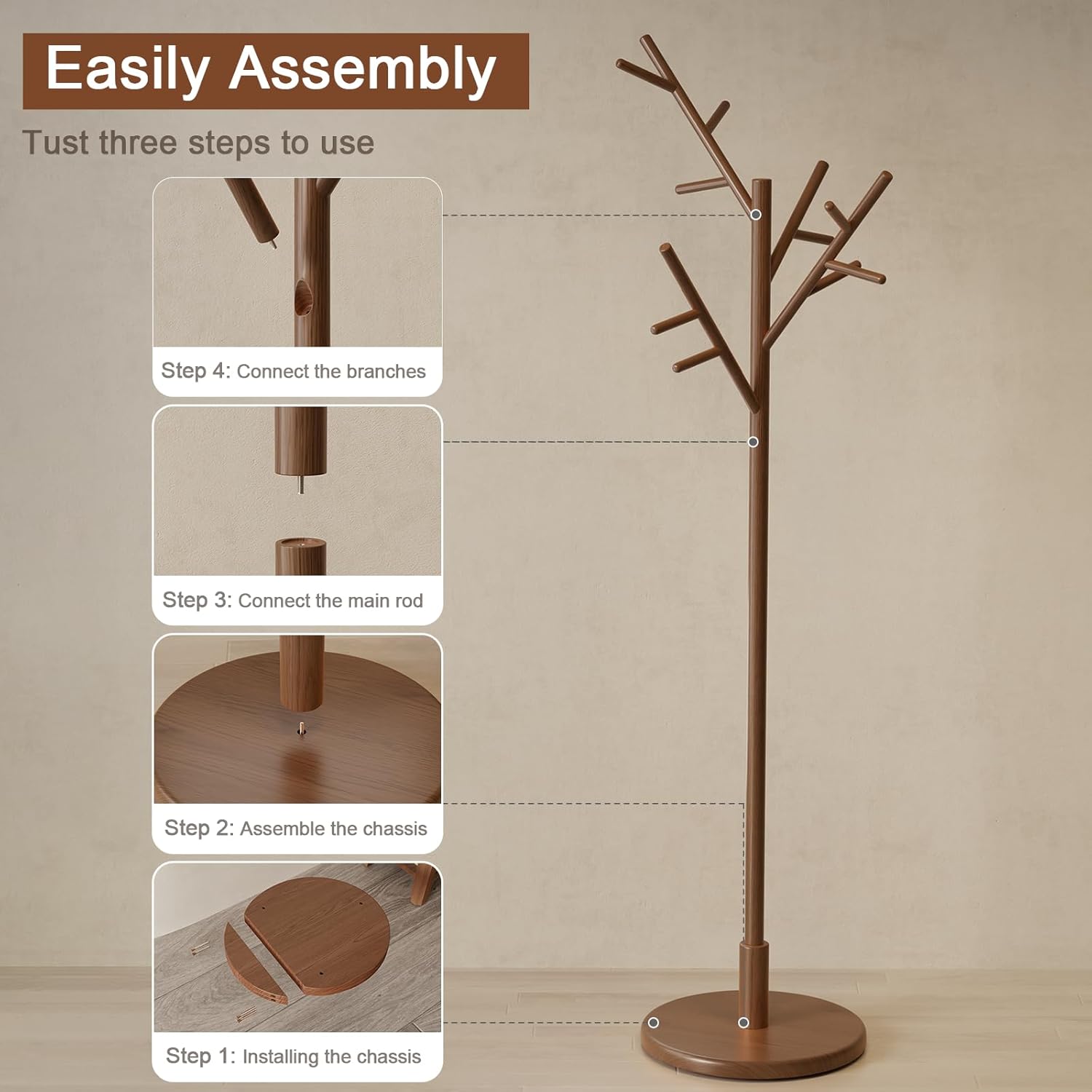 Coat Rack,Solid Wood Coat Rack Freestanding with 12 Hooks,Coat tree freestanding 3 Adjustable Heights for coat, Hats, Handbags，Coat Stand for Entryway,Bedroom (Walnut)