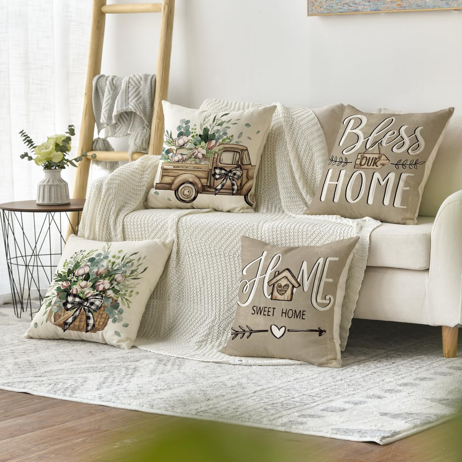 colorlife Bless Our Home Farmhouse Eucalyptus Leaves Throw Pillow Covers, 18 x 18 Inch Truck Home Sweet Home Cushion Case Decorations Set of 4