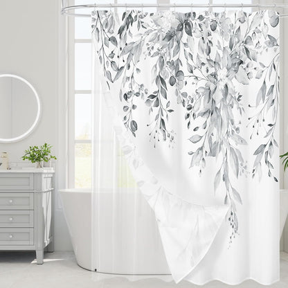 Grey Eucalyptus Shower Curtain, Watercolor Plant Leaves with Floral Bathroom Shower Curtain Set, Gray White, 72x72