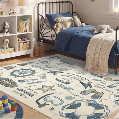Soft Area Rugs 5x7, 5x7 Washable Rug with Non Slip Backing, 5 x 7 Faux Cashmere Low-Pile Carpet, Navy Blue & Gold