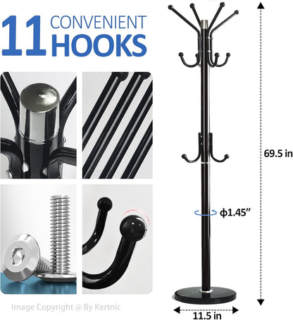 Modern Coat Rack Freestanding with Natural Marble Base & Sturdy Metal Frame, 11 Hooks Hall Tree for Jackets, Hats, Bags, Entryway Organizer for Bedroom, Living Room, Closet (11 hooks-Black)