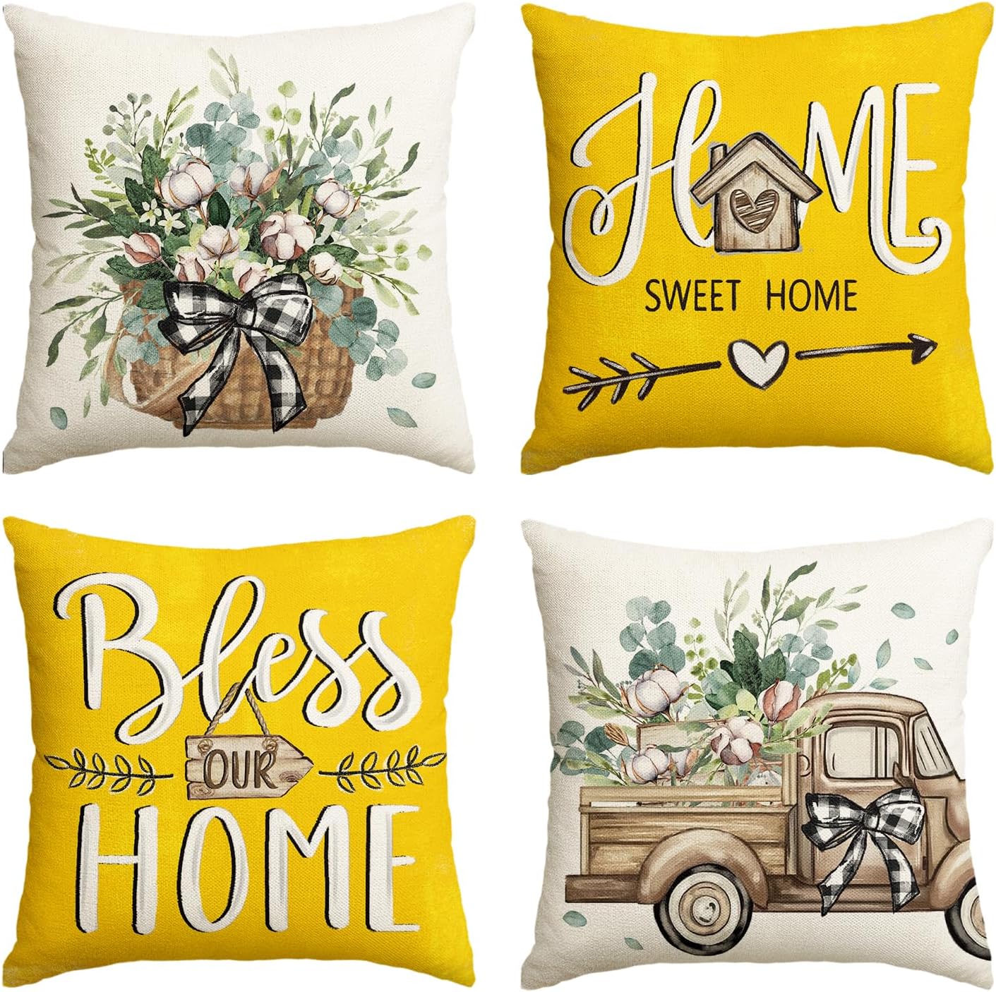 colorlife Bless Our Home Farmhouse Eucalyptus Leaves Throw Pillow Covers, 18 x 18 Inch Truck Home Sweet Home Cushion Case Decorations Set of 4