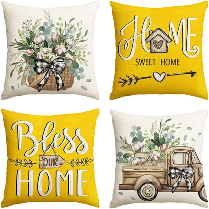 colorlife Bless Our Home Farmhouse Eucalyptus Leaves Throw Pillow Covers, 18 x 18 Inch Truck Home Sweet Home Cushion Case Decorations Set of 4
