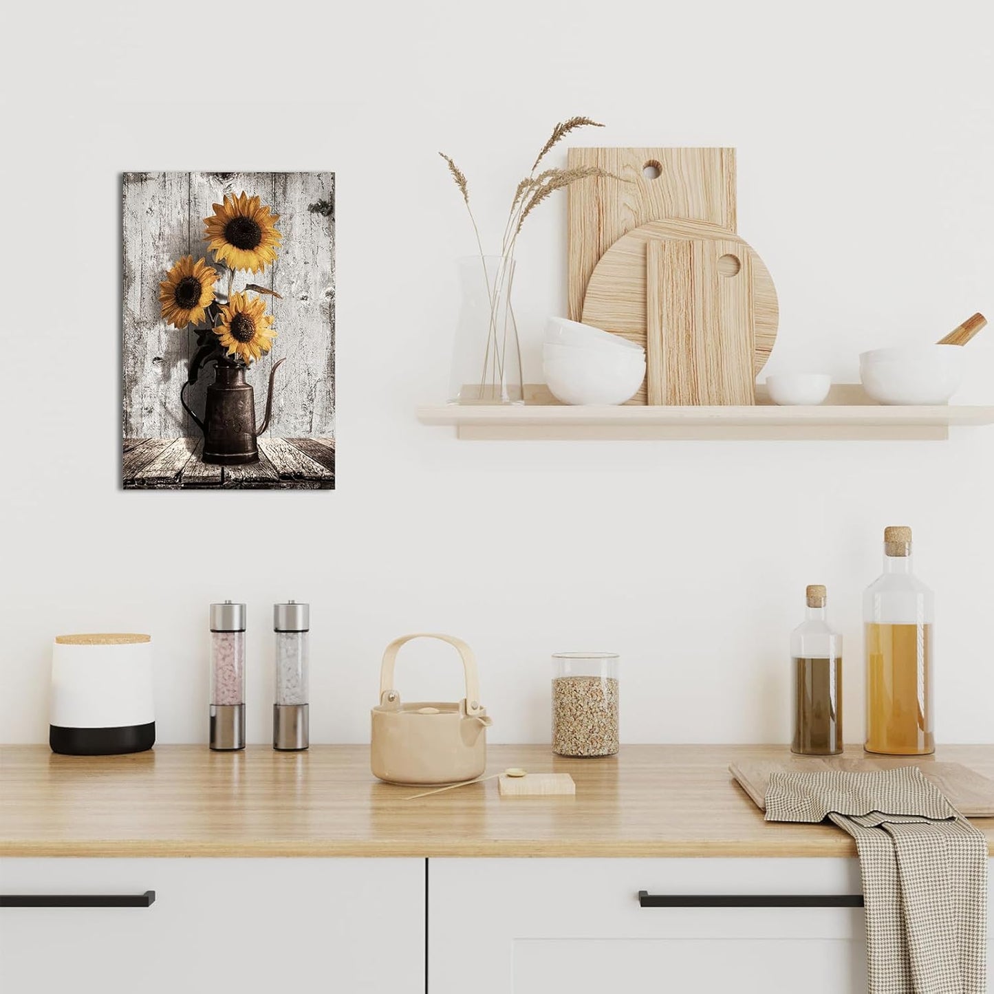 Rustic Sunflower Canvas Wall Art: Vintage Flower Picture Print Farmhouse Wall Decor - Floral Pot Decorative Poster Framed Artwork Decoration for Bedroom Home Office Ready to Hang 10" x 15"