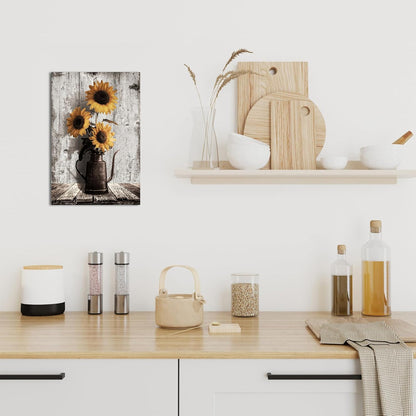 Rustic Sunflower Canvas Wall Art: Vintage Flower Picture Print Farmhouse Wall Decor - Floral Pot Decorative Poster Framed Artwork Decoration for Bedroom Home Office Ready to Hang 10" x 15"