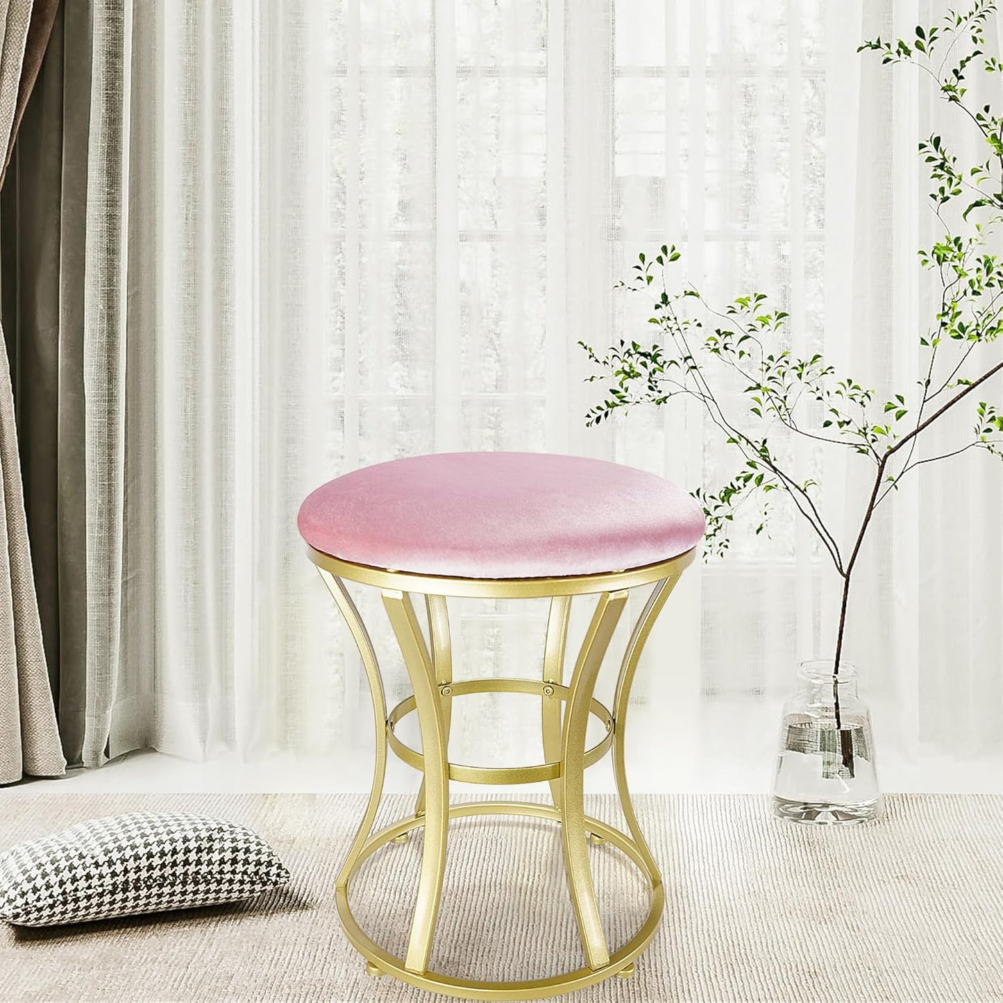 Velvet Round Vanity Stool,Pink Velvet Footrest Ottoman Foot Stool Seat with Golden Metal Legs,Makeup Chair for Bathroom Vanity,Bedroom,Living Room