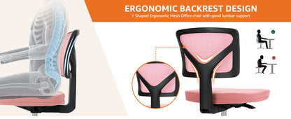 Small Desk Chair, Ergonomic Low-Back Mesh Rolling Work Swivel Chairs with Wheels, Armless Comfortable Seat Lumbar Support for Home, Bedroom, Study, Student, Adults,Classic Pink