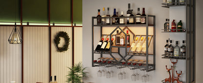 HOOBRO Wall Mounted Wine Rack with LED Light, 31.5" Wine Shelf, 3 Tier Wine Bottle Display Shelf with Glass Holder, Hanging Bar Liquor Storage Rack, for Kitchen, Bar, Rustic Brown and Black BF73DBJ01